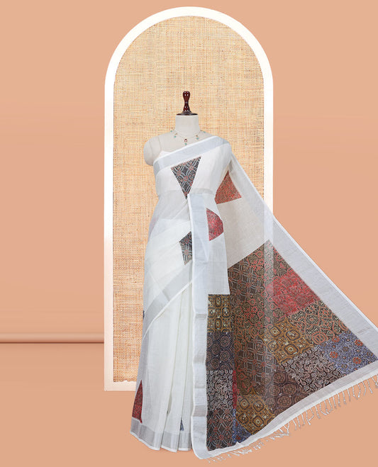 Cream Linen Cotton Saree, Embellished with Triangle Print, a Subtle Zari Border, Ajrakh Patch Printed Pallu, and a Contrast Blouse