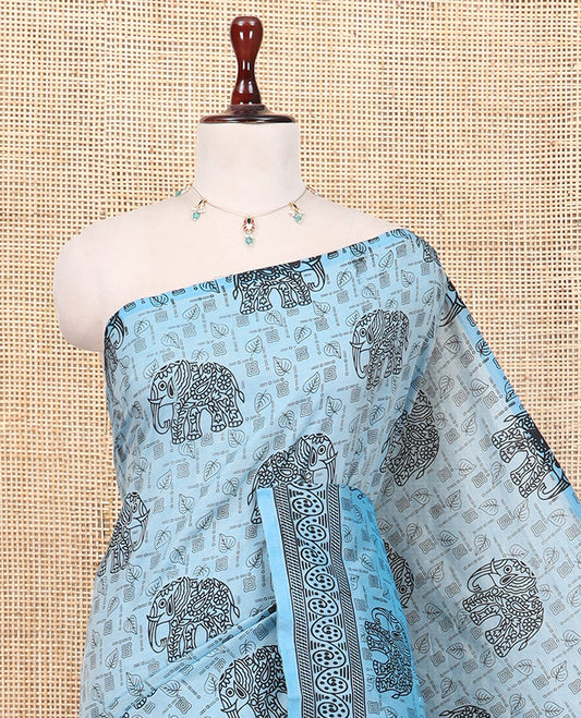Blue South Cotton Saree Features Leaf and Elephant Motifs Print, a Subtle Printed Border, and a Matching Blouse