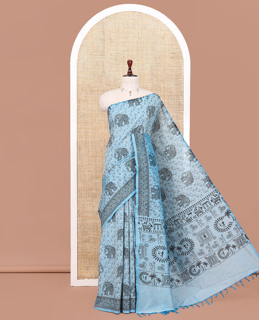 Blue South Cotton Saree Features Leaf and Elephant Motifs Print, a Subtle Printed Border, and a Matching Blouse