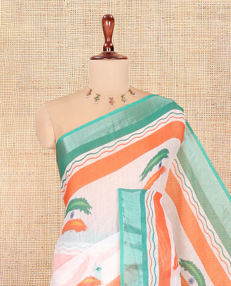 White Linen Cotton Saree Features Indian-Flag Buttas, a Contrast Border, Striped Pallu, Contrast Blouse