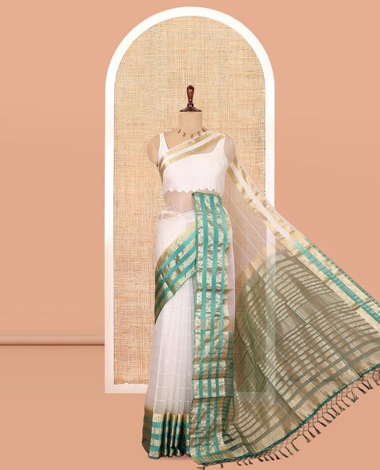Off-White-Green Horizontal Striped Semi-Organza Saree, a Contrast Traditional Zari Border, Striped Pallu, and a Contrast Blouse