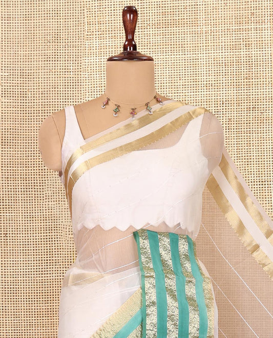 Off-White-Green Horizontal Striped Semi-Organza Saree, a Contrast Traditional Zari Border, Striped Pallu, and a Contrast Blouse