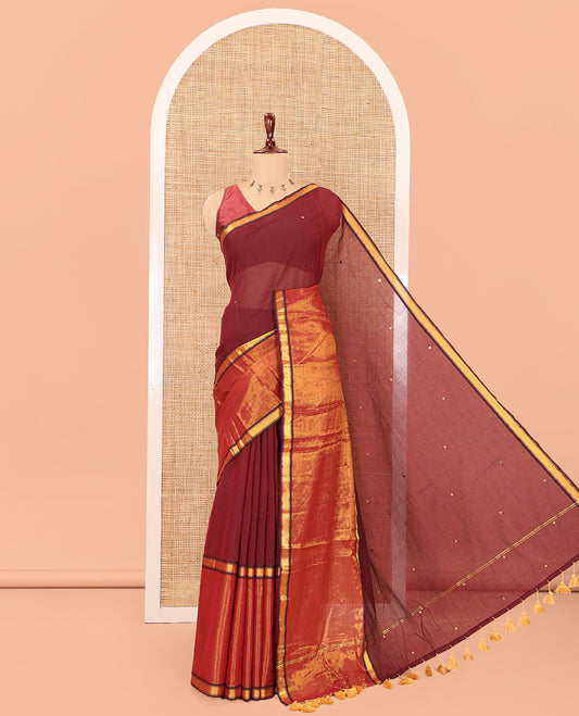 Purple Khadi Mul Cotton Saree, Gleamed Up with Sequins Work, a Golden Zari Border, Self-Pallu, and a No Blouse