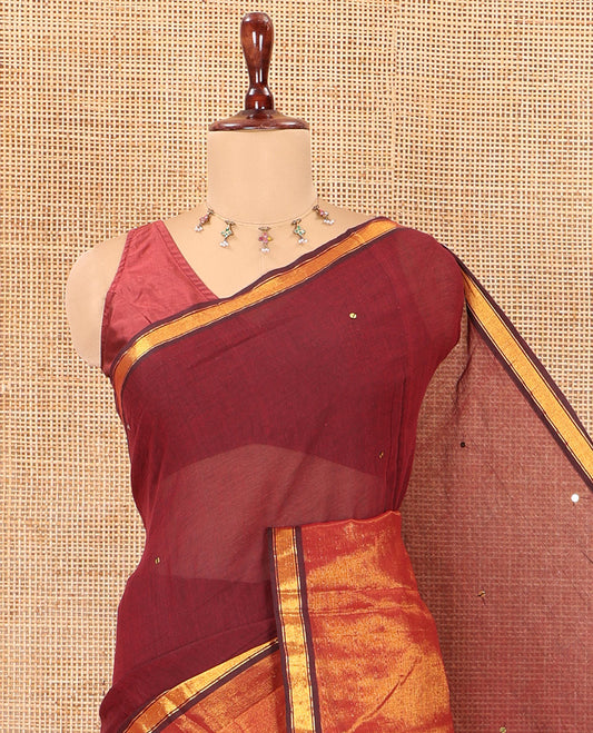 Purple Khadi Mul Cotton Saree, Gleamed Up with Sequins Work, a Golden Zari Border, Self-Pallu, and a No Blouse