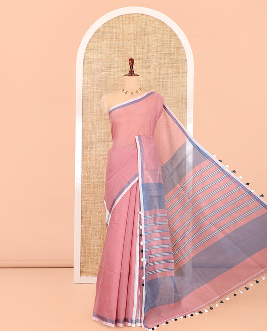 Onion Pink Plain Khadi Mul Cotton Saree, a Contrast Satin Border, Striped Pallu, and a Plain Blouse