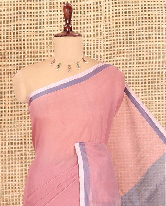 Onion Pink Plain Khadi Mul Cotton Saree, a Contrast Satin Border, Striped Pallu, and a Plain Blouse