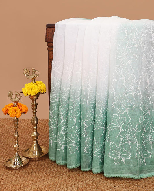 Green  thread embroidery kotta cotton saree with lace border & lace border pallu along with plain blouse