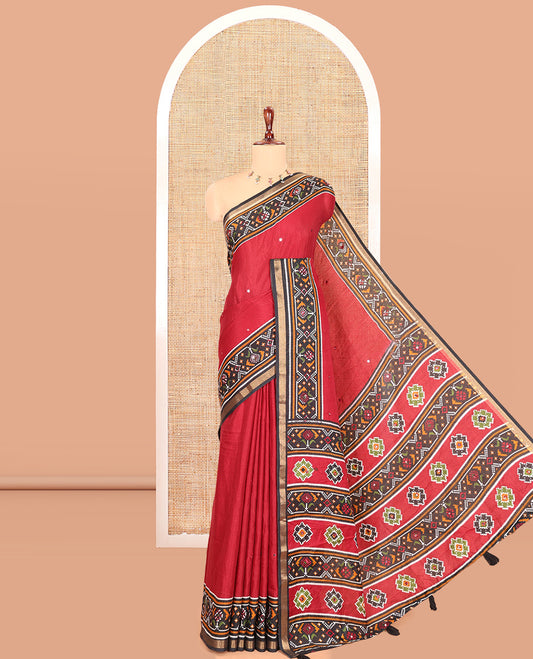 Maroon Manipuri Tussar Saree Features Mirror Work, Contrast Patola Elephant Printed Border, Patola Pallu, Matching Blouse