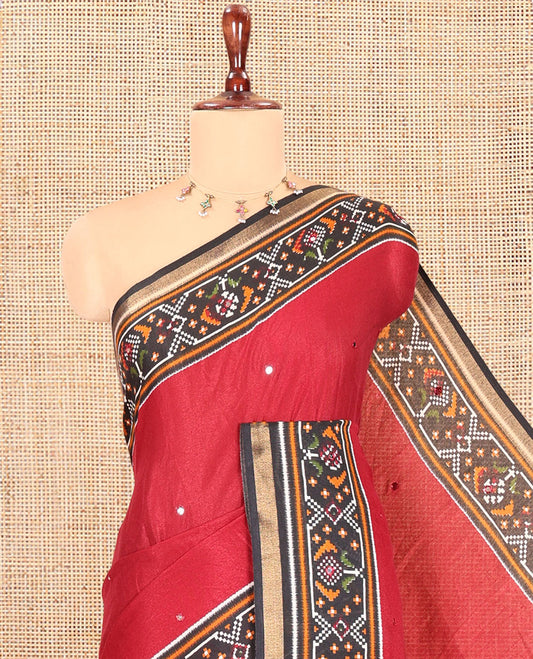 Maroon Manipuri Tussar Saree Features Mirror Work, Contrast Patola Elephant Printed Border, Patola Pallu, Matching Blouse