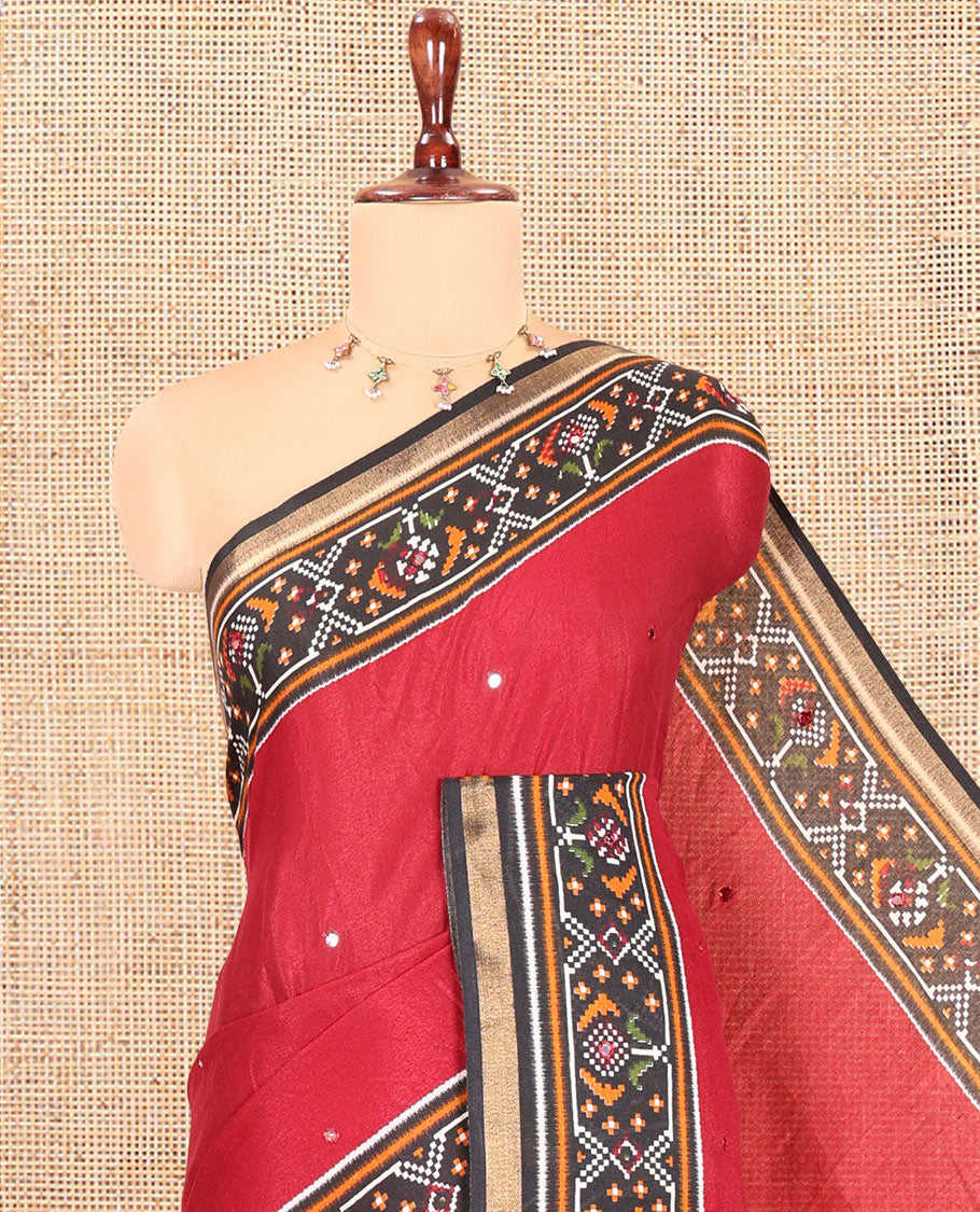 Maroon Manipuri Tussar Saree Features Mirror Work, Contrast Patola Elephant Printed Border, Patola Pallu, Matching Blouse