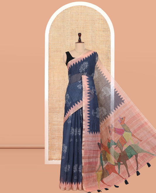 Grey Linen Cotton Saree Features Tree Motifs, Contrast Temple Border, Animal Motif Pallu, Contrast Blouse
