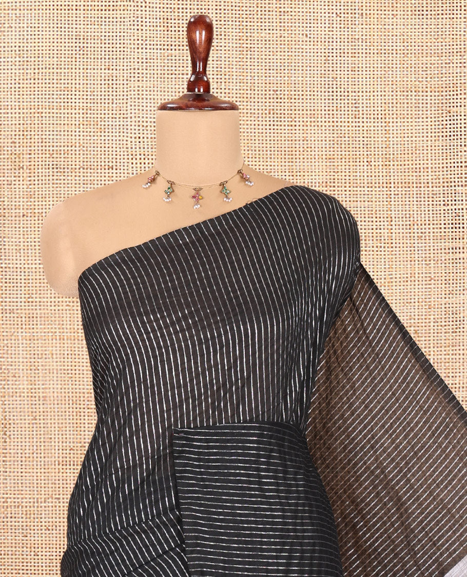 Borderless Black Zari Striped Khadi Cotton Saree, Contrast Pallu, and No Blouse