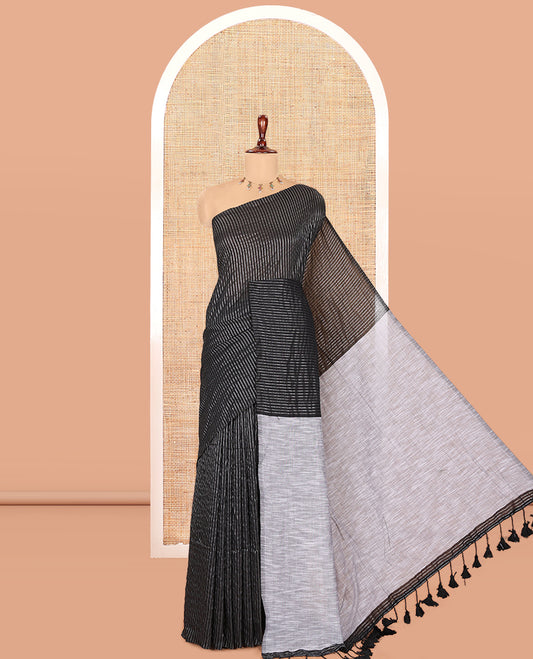 Borderless Black Zari Striped Khadi Cotton Saree, Contrast Pallu, and No Blouse