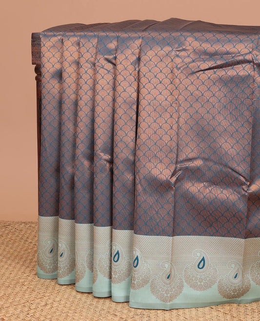 Peacock color copper zari design litchi soft silk saree with contrast mango meena butta border & rich pallu along with brocade blouse