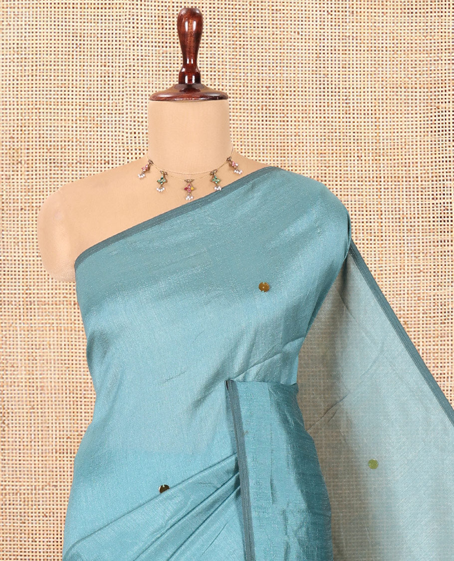 Borderless Dusky Green Vichitra Saree Features Gleaming Sequin Work, and a Matching Blouse