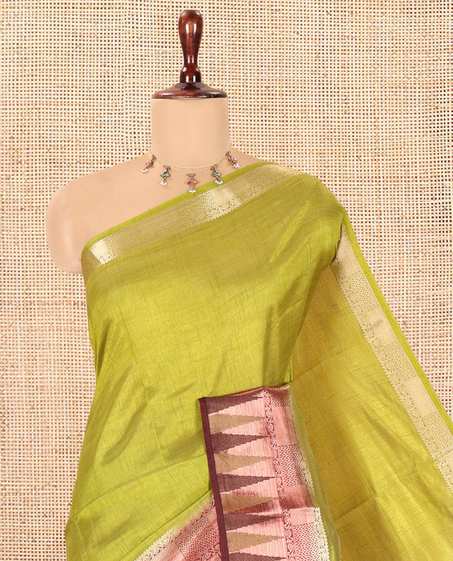 Green Plain Semi-Tussar Saree, Contrast Traditional Temple Border, Striped Pallu, Contrast Blouse