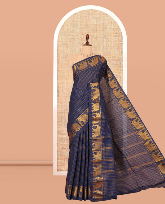 Navy Blue Checked Sungudi Cotton Saree, an Elephant Zari Border, and a Matching Blouse