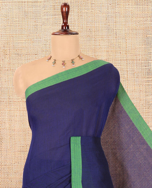 Blue Plain Khadi Cotton Saree, a Contrast Border, a Self-Pallu, and No Blouse