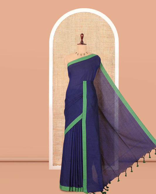 Blue Plain Khadi Cotton Saree, a Contrast Border, a Self-Pallu, and No Blouse