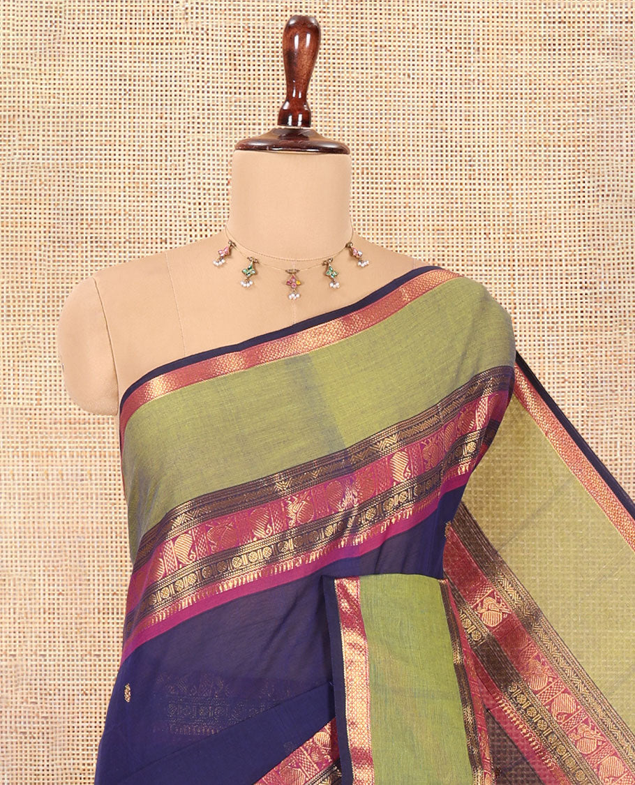 Navy Chettinad Cotton Saree, Woven with Zari Buttas, a Contrast Traditional Rettai Pettu Border, Matching Blouse