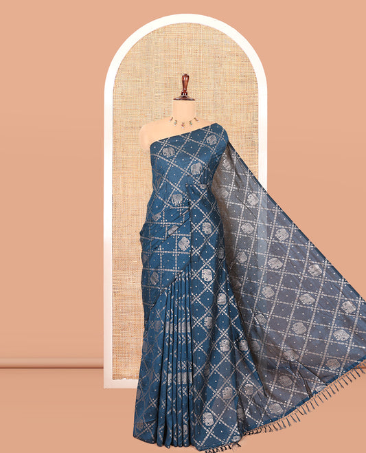 Borderless Blue Vichitra Silk Saree Features Elephant Butta Enclosed Jaal Design, a Self-Pallu, and No Blouse
