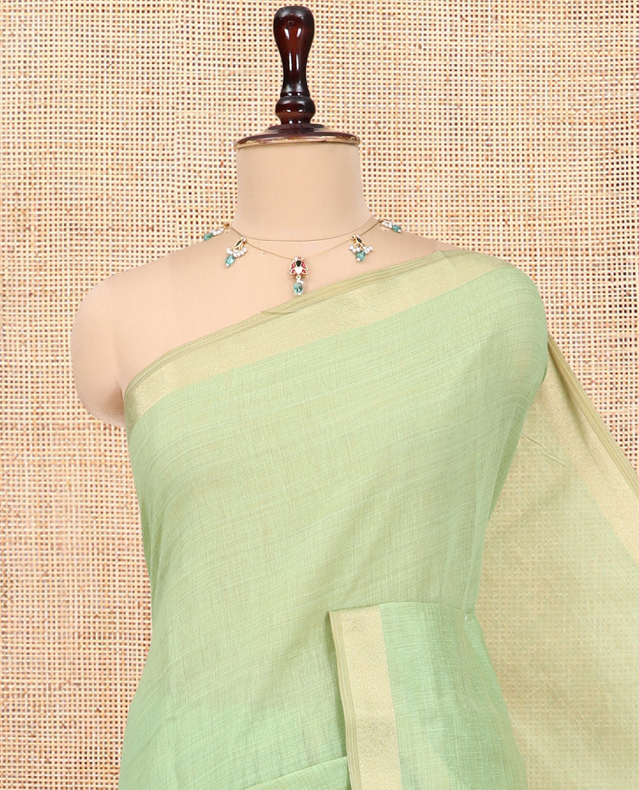 Green Plain Semi-Tussar Saree, a Zari Border, Multi-Colored Striped Pallu, and a Contrast Blouse