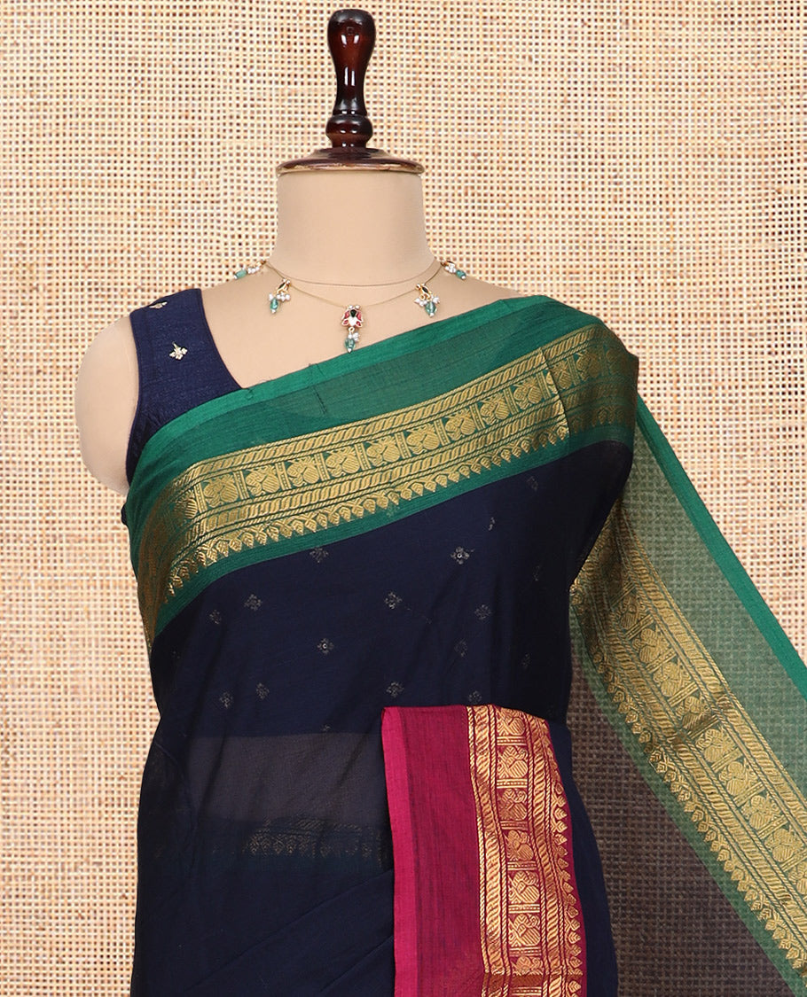 Navy Blue Plain Chettinad Cotton Saree, a Contrast Ganga-Jamuna Traditional Zari Border, Striped Pallu, a Matching Blouse
