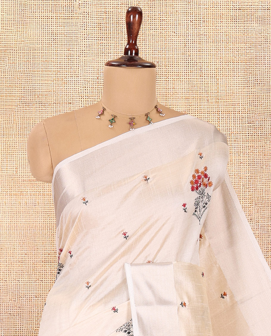 Cream Floral Embroidered Semi-Tussar Saree, a Zari Border, Striped Pallu, Matching Blouse