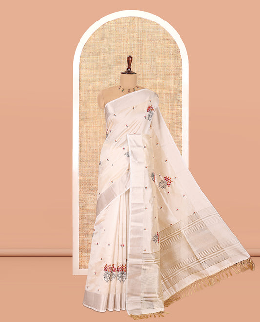 Cream Floral Embroidered Semi-Tussar Saree, a Zari Border, Striped Pallu, Matching Blouse