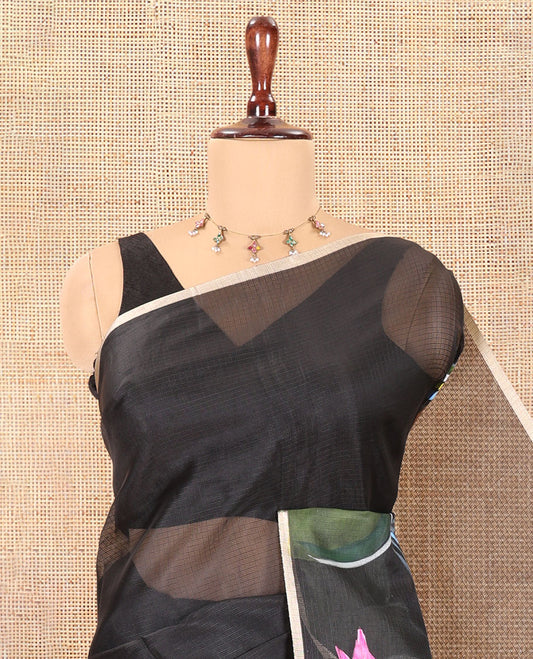 Black Kota Chex Saree, Adorned with Tree and Bird Print, a Piping Border, Pallu of Tree Motifs, and a Matching Blouse