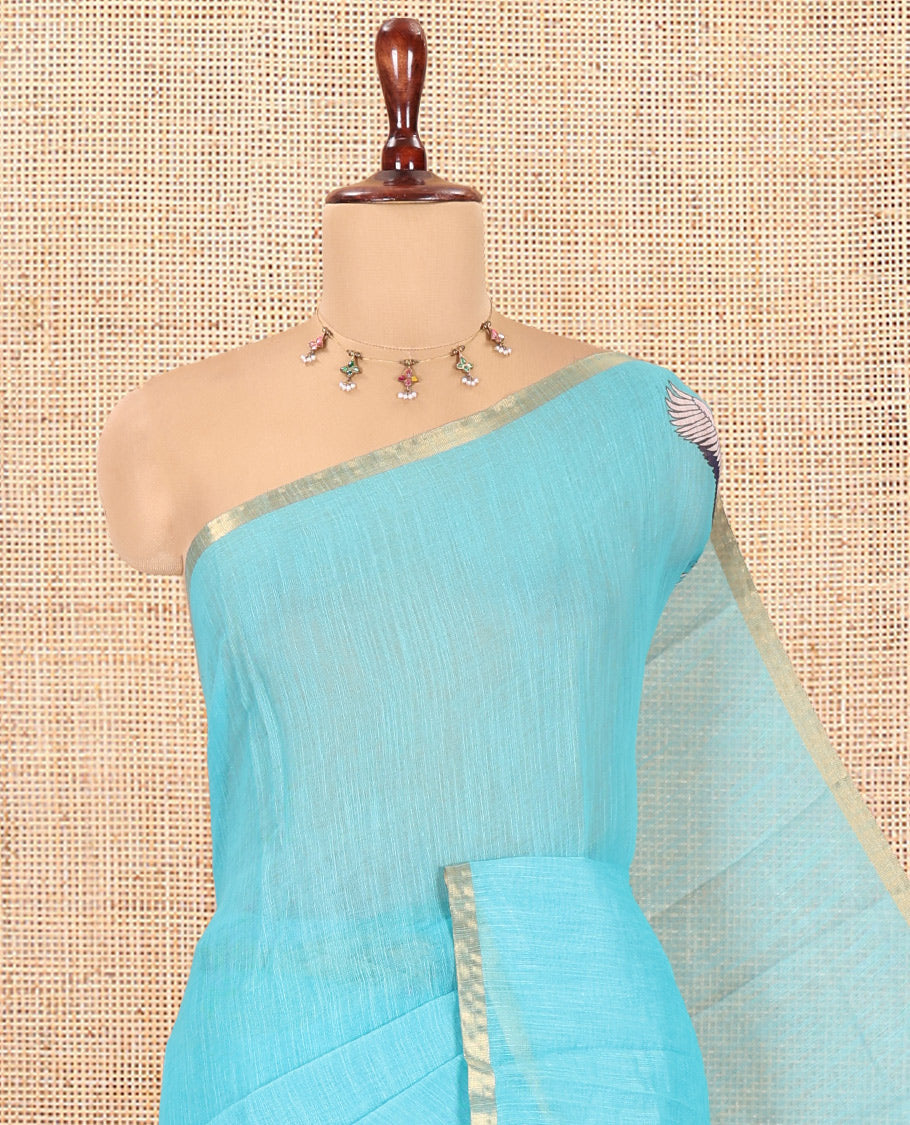 Borderless Blue Linen Cotton Saree, Adorned with Crane Motifs Print, and a Matching Blouse