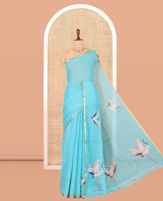 Borderless Blue Linen Cotton Saree, Adorned with Crane Motifs Print, and a Matching Blouse