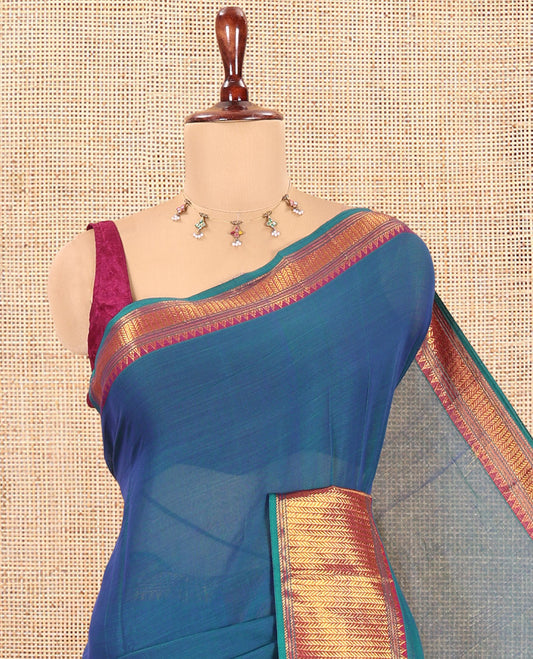 Rama Blue Plain Mercerised Cotton Saree, a Contrast Traditional Zari Border, Striped Pallu and a Matching Blouse