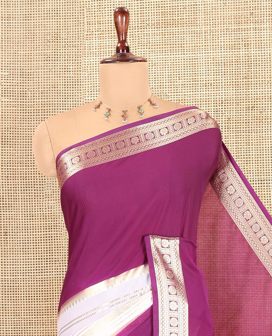 Purple Zari Striped Art Mysore Crepe Saree, a Contrast Traditional Zari Big Border, a Grand Pallu, and a Contrast Blouse