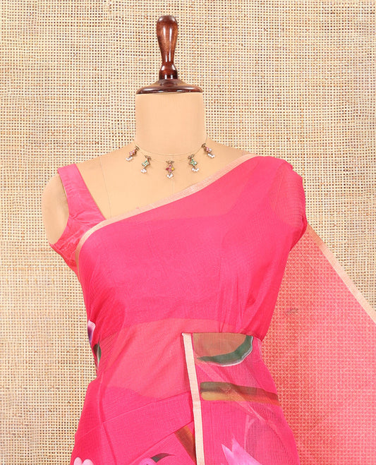 Pink Kota Doria Saree, Artfully Adorned with Floral and Flamingo Hand-Brush Print, a Piping Border, a Matching Blouse