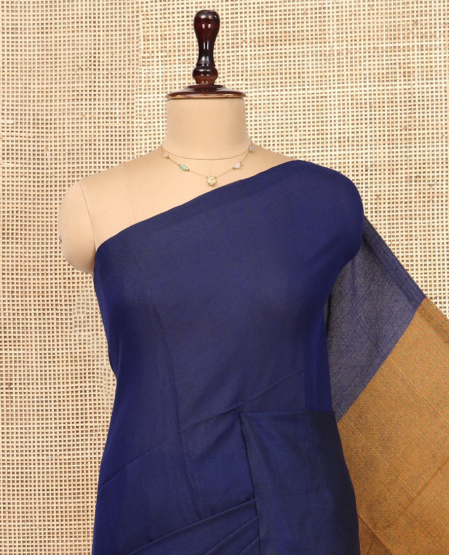 Borderless Royal Blue-Mustard Plain Design Khadi Cotton Saree