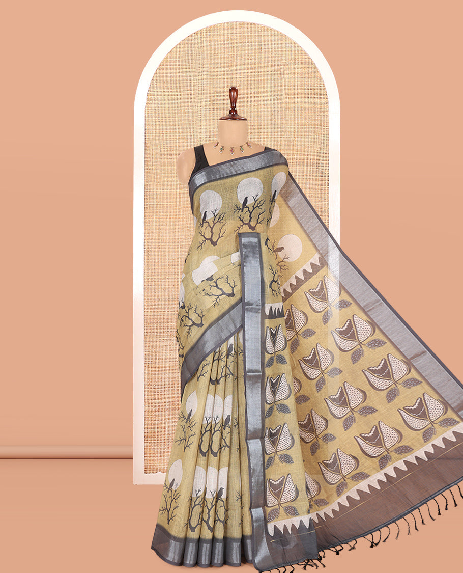 Lemon Yellow Linen Cotton Saree