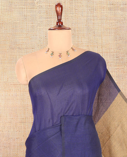 Borderless Navy Blue-Chikku Plain Khadi Cotton Saree