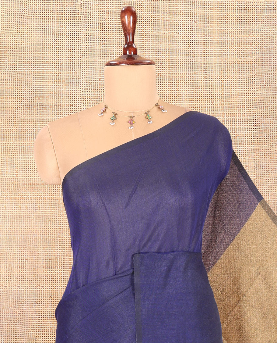 Borderless Navy Blue-Chikku Plain Khadi Cotton Saree