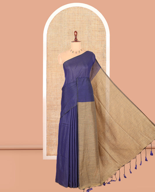Borderless Navy Blue-Chikku Plain Khadi Cotton Saree
