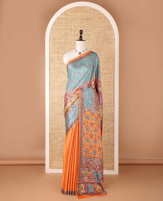 Multi color geometric design, mirror work synon silk saree with printed border, mirror work & printed pallu along with plain blouse