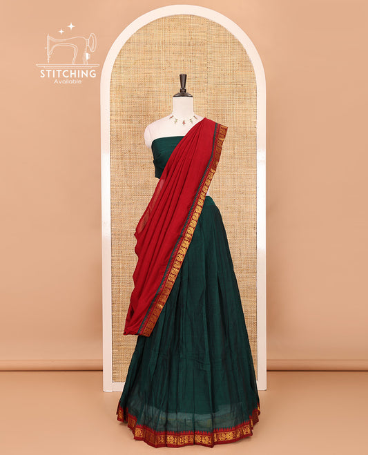 Green mercerized cotton half-saree, plain & contrast peacock motifs gold zari temple border skirt, matching blouse & temple zari border vichitra silk dhavani