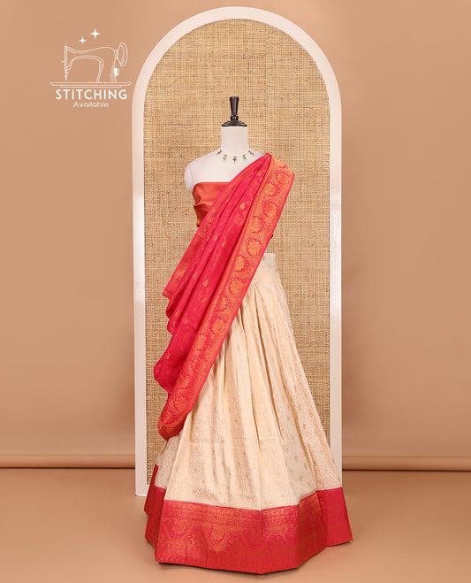 Cream-magenta half-saree, zari jacquard & contrast traditional zari border banaras softy skirt, semi-banaras jacquard blouse & contrast zari design blouse