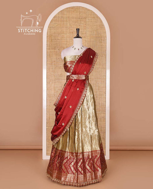 Gold banaras half saree, ogee skirt, contrast maroon traditional zari border, matching blouse, and Syska georgette embroidered dhavani