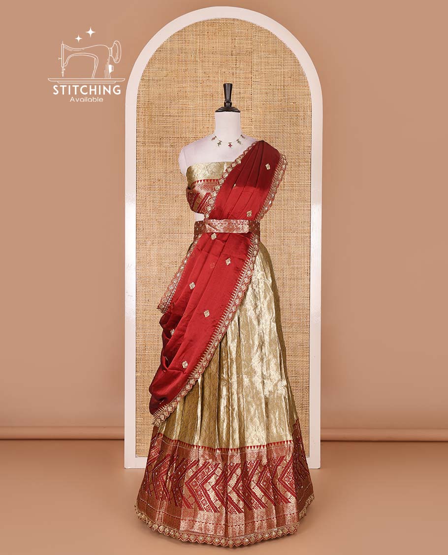 Gold banaras half saree, ogee skirt, contrast maroon traditional zari border, matching blouse, and Syska georgette embroidered dhavani