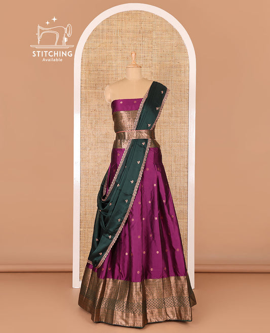 Violet taffeta silk half-saree, flower zari buttas and contrast traditional zari bordered skirt, a matching blouse, and contrast embroidered satin georgette scallop dhavani