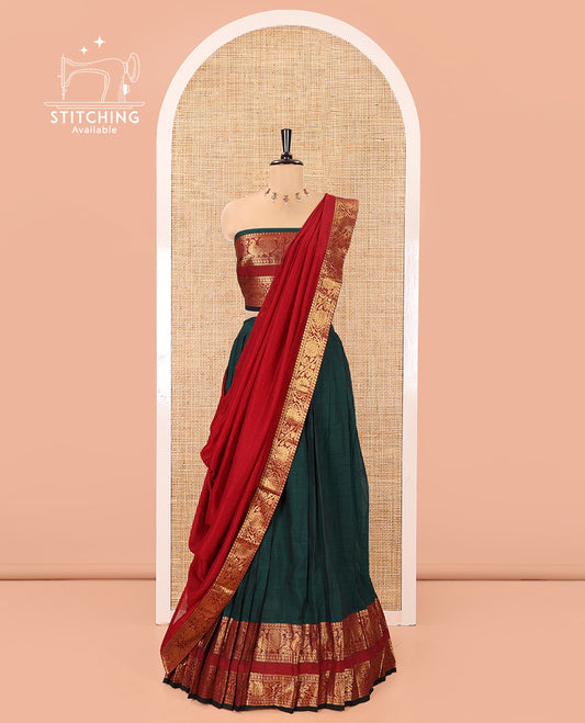 Bottle Green-Red Mercerised Cotton Half-Saree Features Plain with Contrast Peacock and Floral Creeper Zari Bordered Skirt, Paired with a Matching Blouse, and Comes with a Contrast Floral Creeper Zari Bordered Dhavani