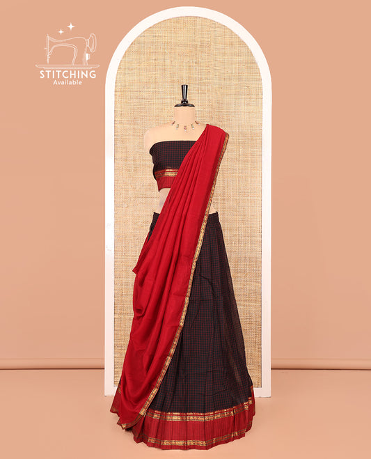 Black-Red Mercerised Cotton Saree Features a Checked Skirt, Contrast Temple-Rudraksham Rettai Pettu Border, a Matching Blouse, and Contrast Vichitra Silk Dhavani