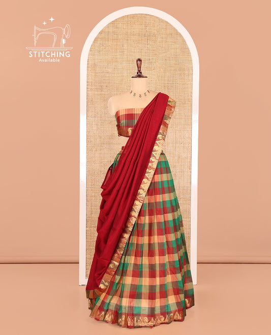 Multi-Color Chettinad Cotton Half Saree Features Checked Skirt, Paisley-Temple Border, Matching Blouse, Contrast Dhavani