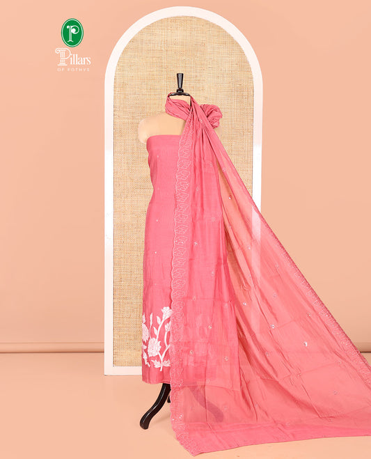 Pink Mul Chanderi Material Chudidar Set, Graced with Appliqué Floral Embroidery on Its Top, a Plain Santoon Bottom, and Paired Scallop Embroidered Mul Chanderi Dupatta